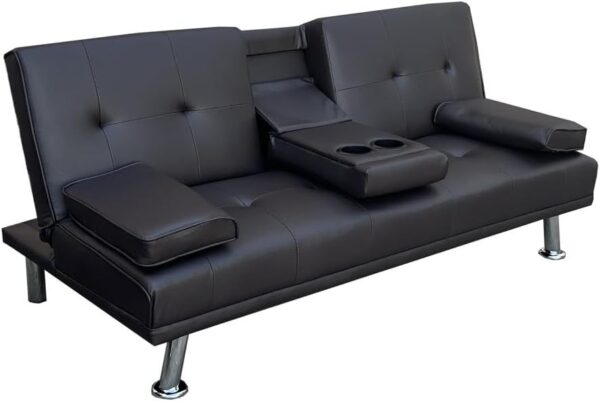 West Home Three Seat PVC Sofa bed With Cup Holder Color Black WH-S206 - Image 2